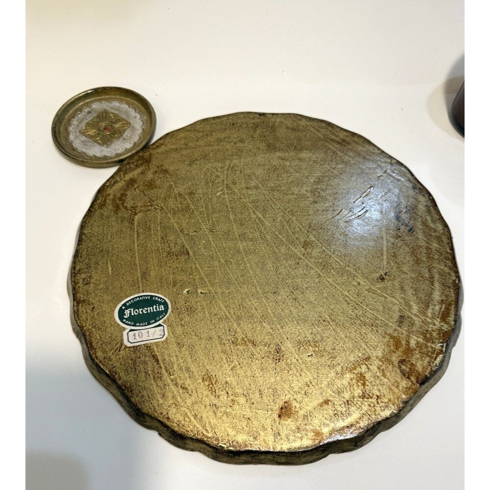 Vtg Italian Gold Florentine Wood Serving Tray Red Blue Toleware 11" Hand painted - Picture 13 of 15